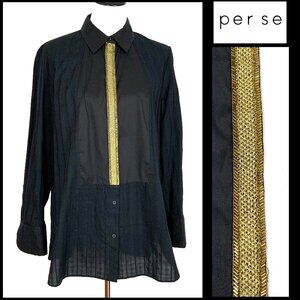 New Per Se by Carlisle Black Button Down Shirt Gold Embellishment Sz 14